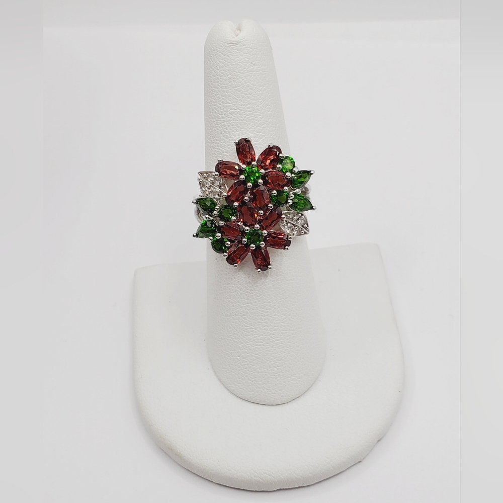 Genuine Garnet - Chrome Diopside - White Topaz Poinsettia Flower 925 Silver - Picture 8 of 8